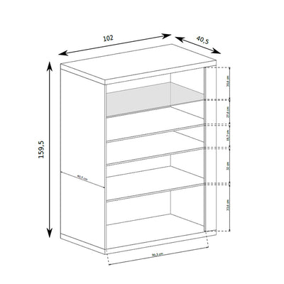 Vitrine Korin 102x160 – Maßzeichnung mit Breite, Höhe und Tiefe