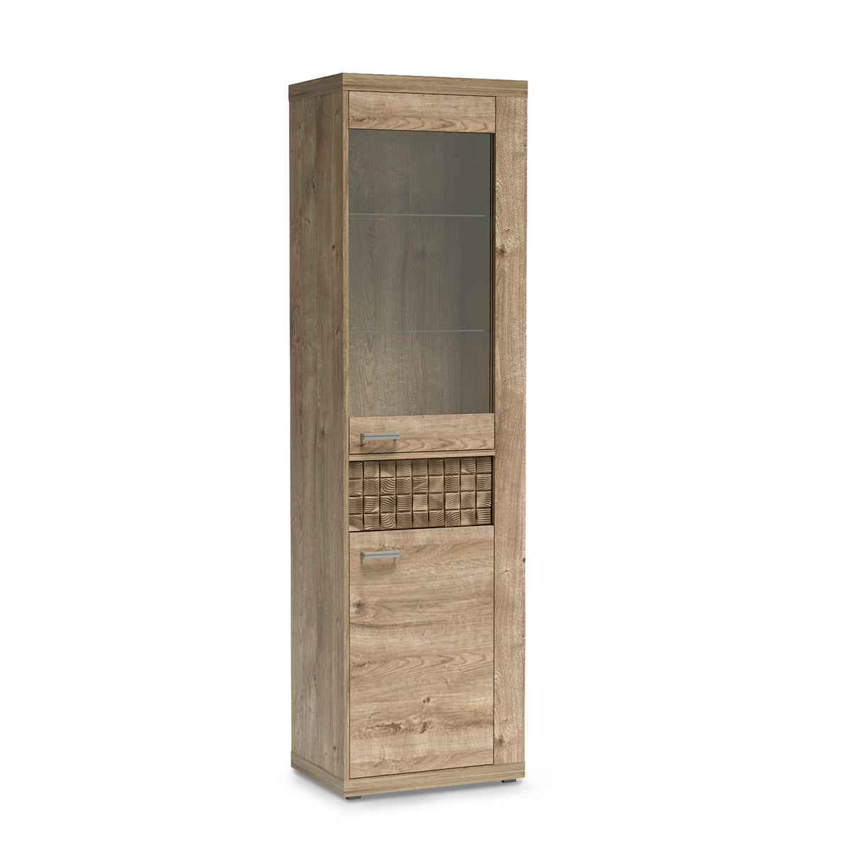 Vitrine Korin 201x57 in Eiche – schmale Vitrine mit Glastür und Glasböden, Schrägansicht
