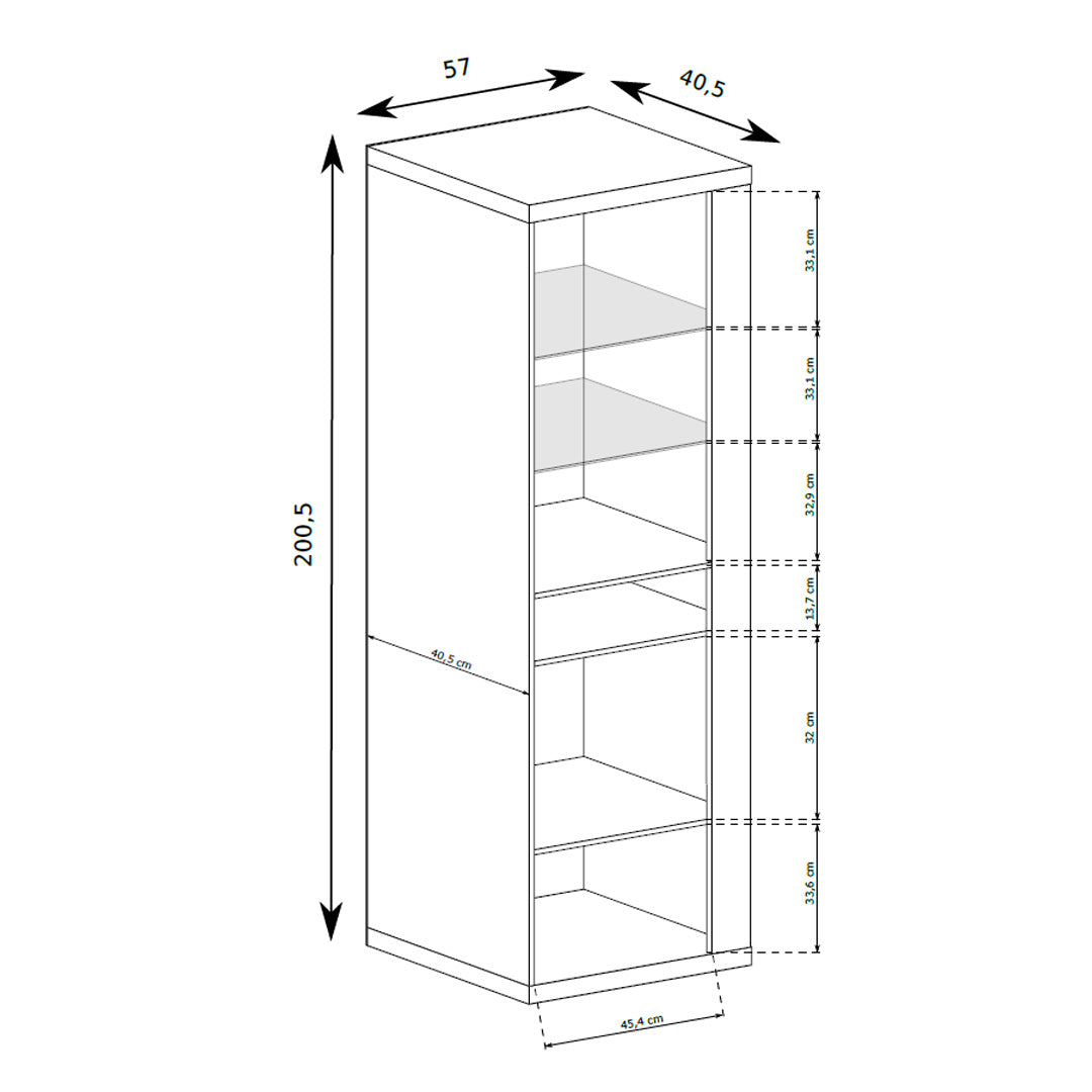 Vitrine Korin 201x57 – Maßzeichnung mit Breite, Höhe und Tiefe