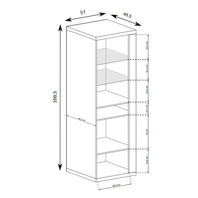 Vitrine Korin 201x57 – Maßzeichnung mit Breite, Höhe und Tiefe