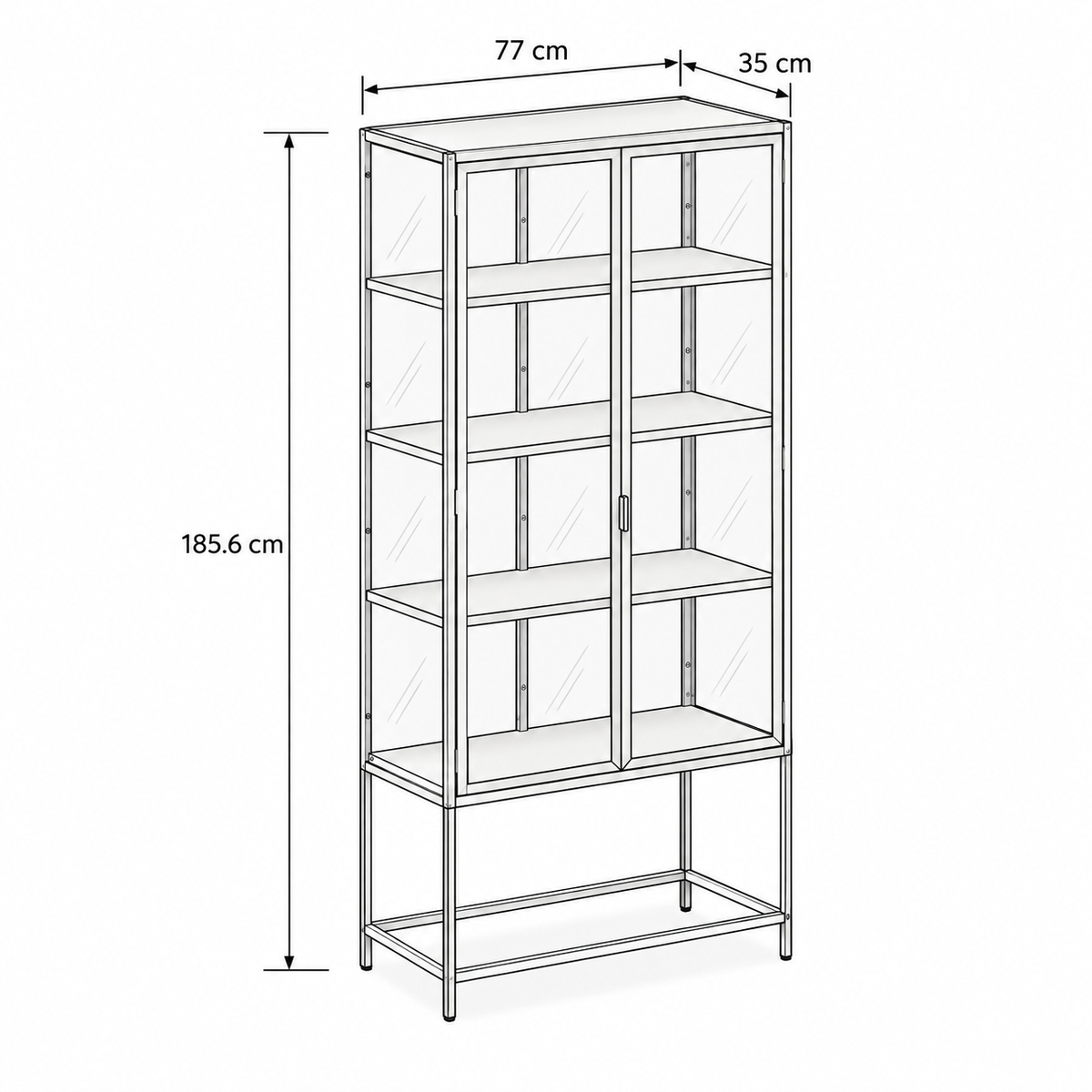 Vitrine Skeleto 77x186 – Maßzeichnung mit Breite, Höhe und Tiefe