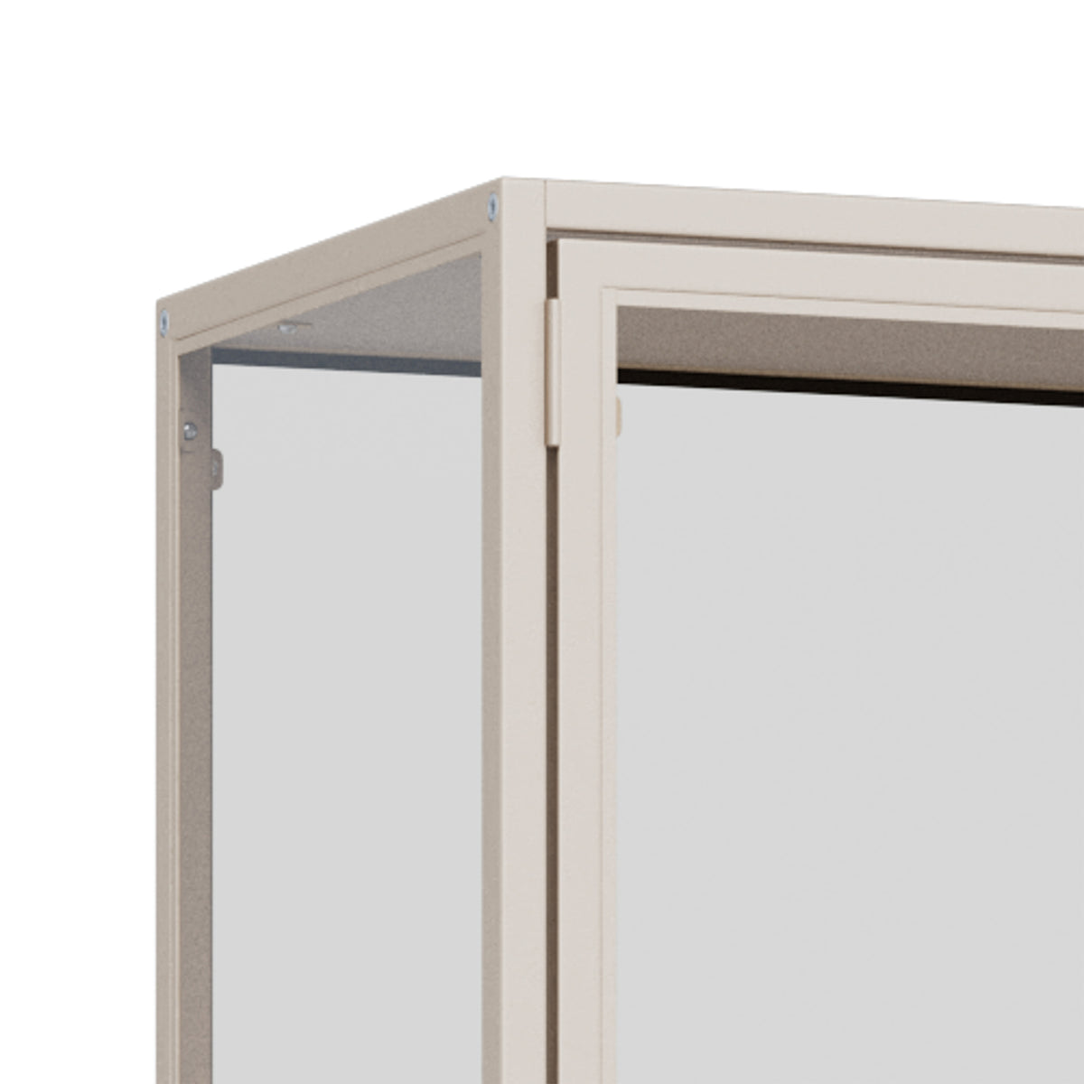 Vitrine Skeleto 77x186, graues Melamin – Detailansicht der Rahmenecke und des Türscharniers mit gehärtetem Glas