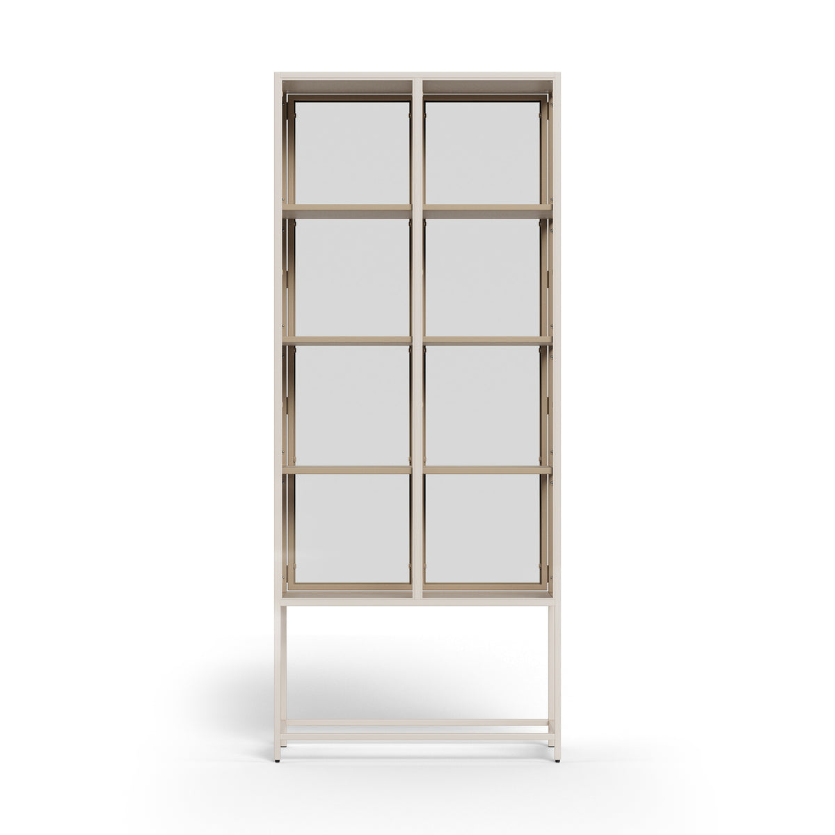 Vitrine Skeleto 77 x 186, graues Melamin, Vorderansicht – zwei Glastüren und ein Stahlrahmen im Industrial-Stil