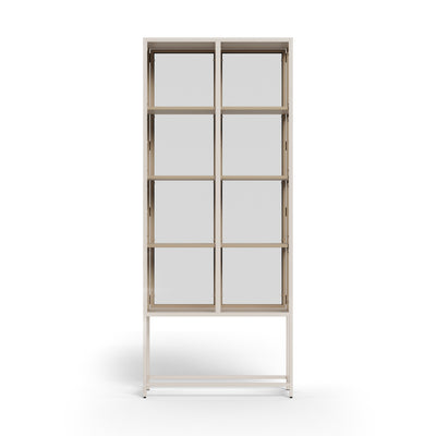 Vitrine Skeleto 77 x 186, graues Melamin, Vorderansicht – zwei Glastüren und ein Stahlrahmen im Industrial-Stil