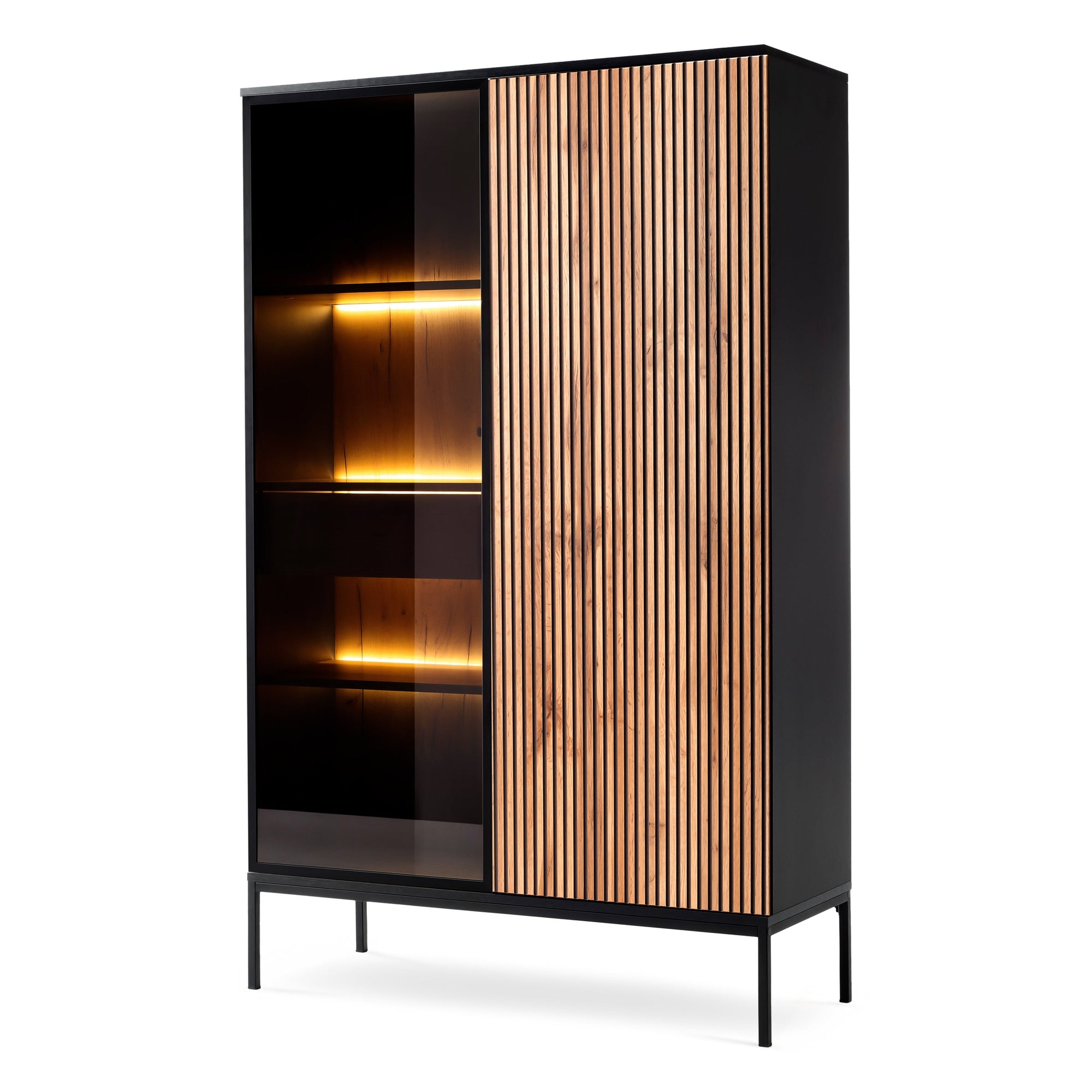 Komoda z drzwiami i szufladą 104x166 w stylu nowoczesnym - LED, przeszklony front, push-to-open | Lampy Czarny
