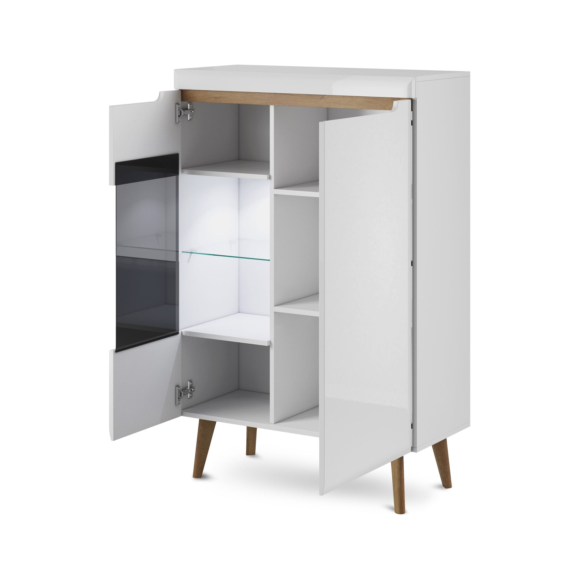 Witryna z przeszklonym frontem 90x134 cm w stylu skandynawskim – biały połysk, drewniane nogi | Trava