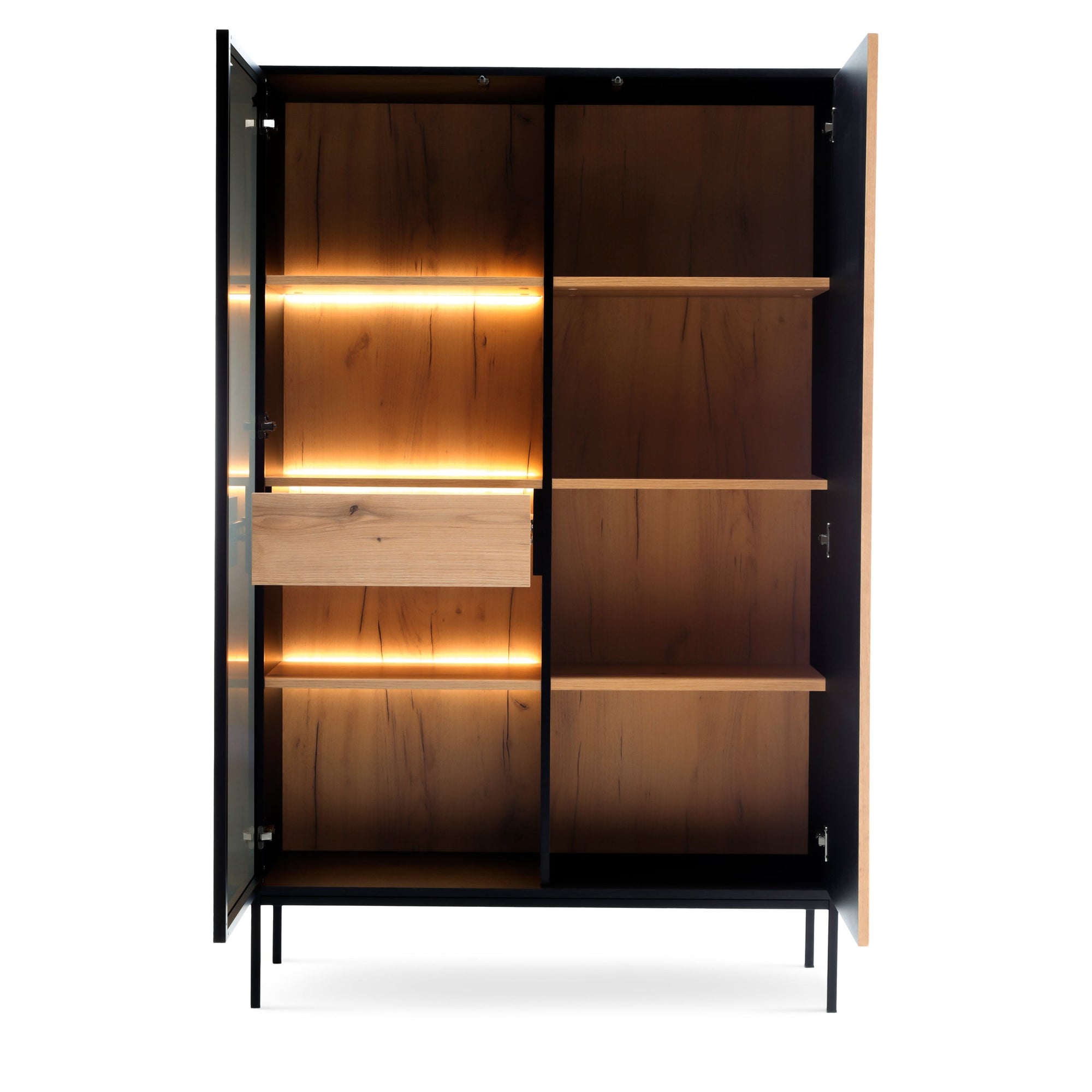 Komoda z drzwiami i szufladą 104x166 w stylu nowoczesnym - LED, przeszklony front, push-to-open | Lampy