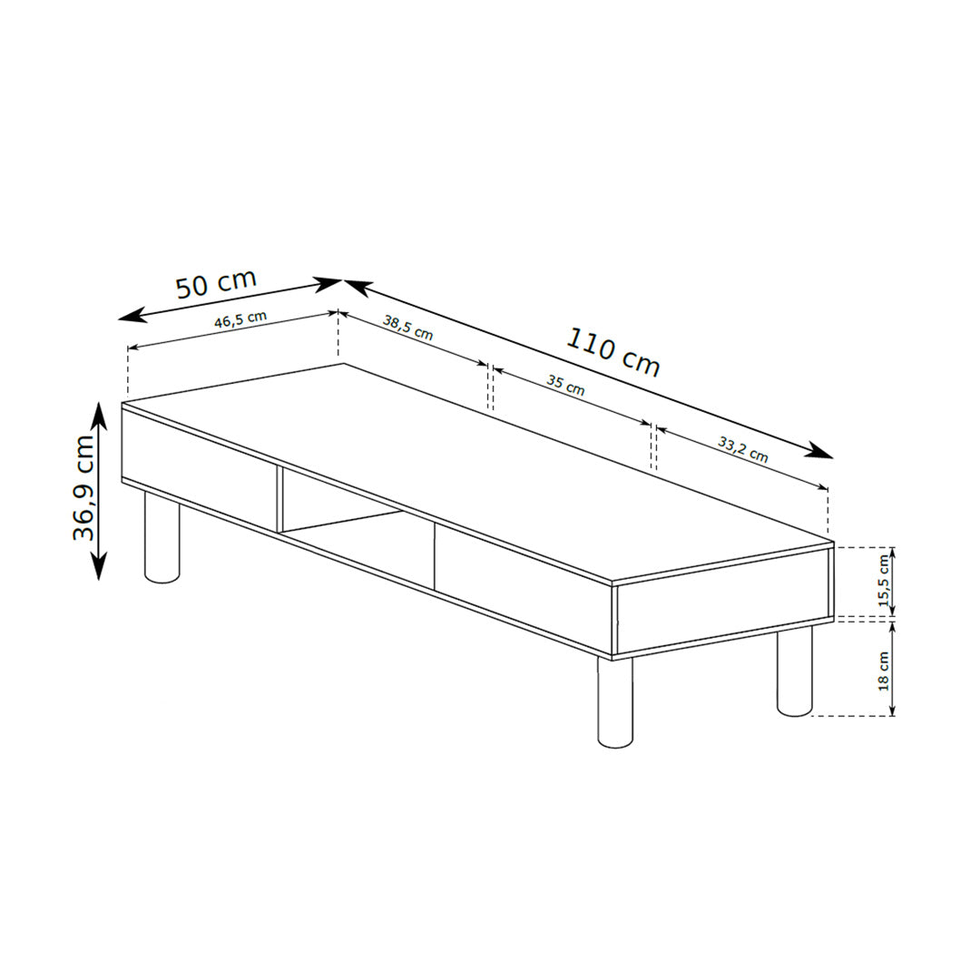 Couchtisch 110x37 mit offenen Fächern im skandinavischen Stil | FJORD