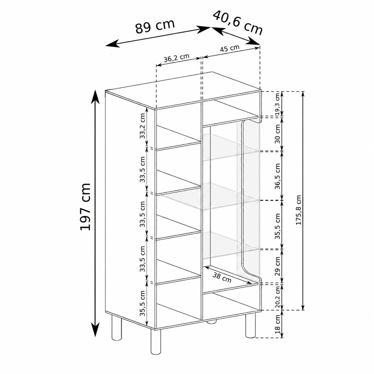 Hohe Vitrine 89x197 mit Verglasung im skandinavischen Stil | FJORD