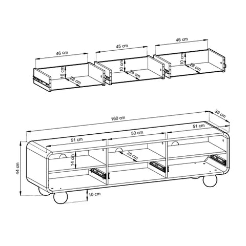 Szafka RTV 160x44 w stylu japandi – kaszmirowa, szuflady push-to-open | Ballo