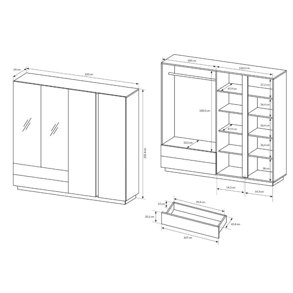 Szafa 4-drzwiowa 220x202 cm w stylu nowoczesnym – z lustrem, szuflady, cichy domyk | Armelia