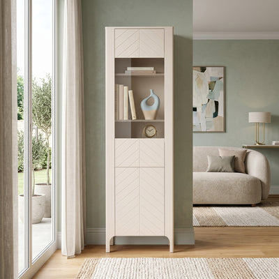 Hohe Vitrine EKLIPSO 60x197 mit Glaseinsatz im modernen Stil, Farbe Kaschmir – im Interieur | Pillovely