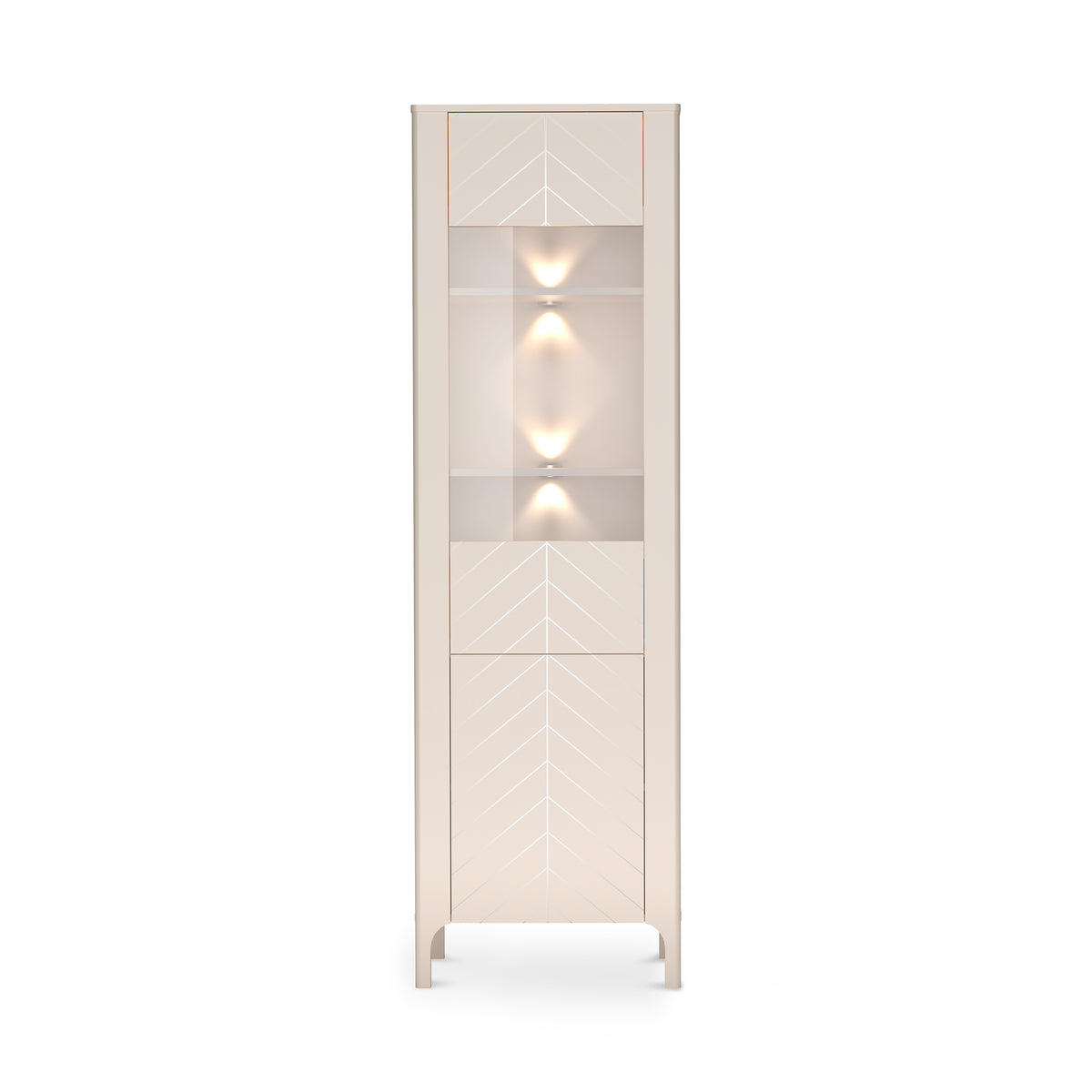 Hohe Vitrine EKLIPSO 60x197 mit Glaseinsatz im modernen Stil, Farbe Kaschmir – Vorderansicht mit LED-Beleuchtung | Pillovely