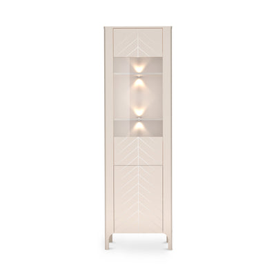Hohe Vitrine EKLIPSO 60x197 mit Glaseinsatz im modernen Stil, Farbe Kaschmir – Vorderansicht mit LED-Beleuchtung | Pillovely
