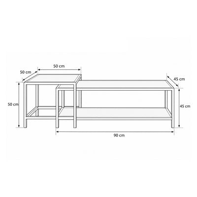 Set aus 2 Skeleto-Couchtischen (90 x 45 und 50 x 50) – Maßzeichnung mit Breite, Höhe und Tiefe