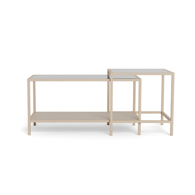 Skeleto-Couchtische 90x45 und 50x50, Vorderansicht – der höhere quadratische Tisch befindet sich rechts auf dem Regal