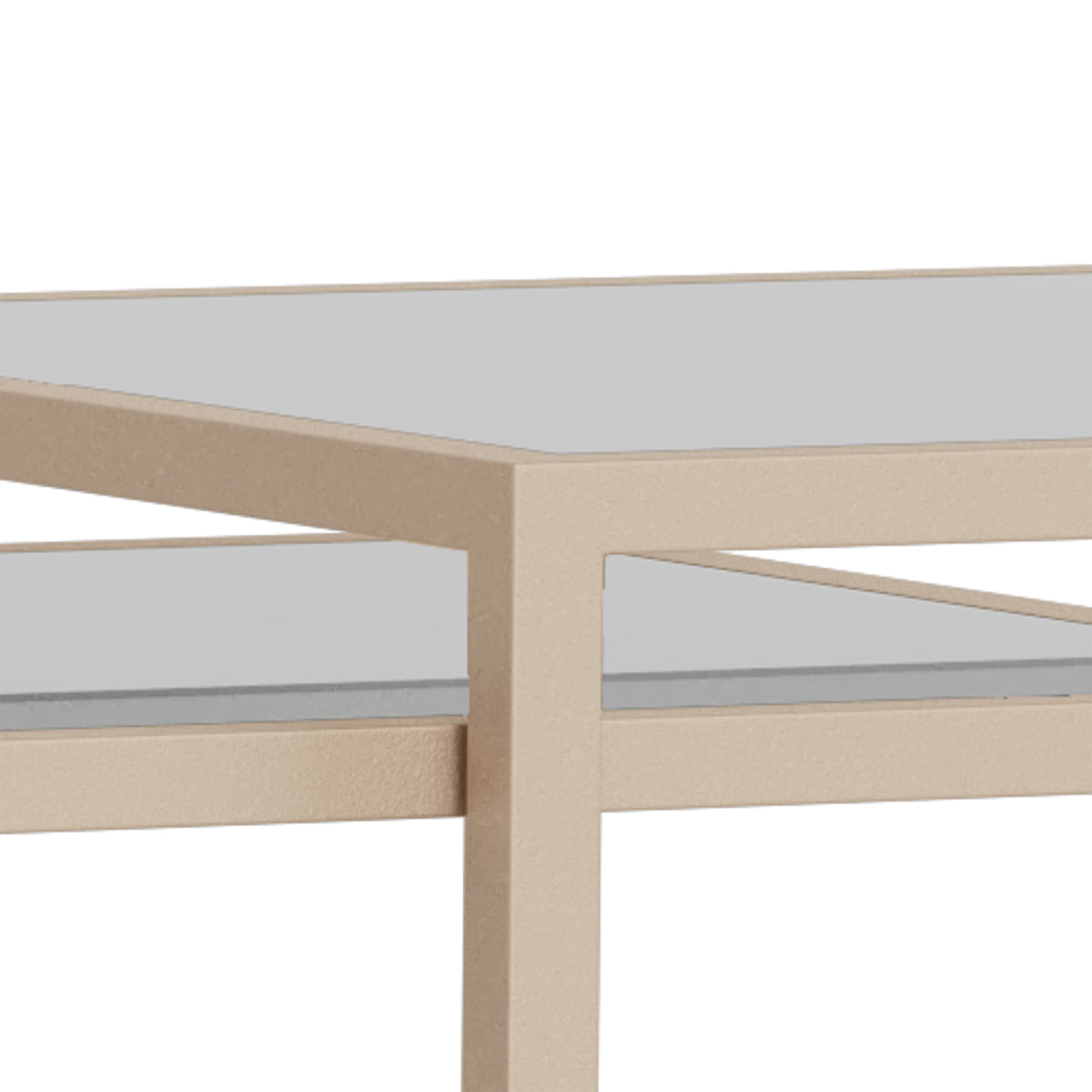 Skeleto-Couchtische – Nahaufnahme der Tischplatte aus gehärtetem Glas, die in einem pulverbeschichteten Stahlrahmen eingefasst ist